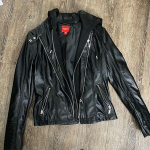 Black Fitted Bomber Leather Jacket With Hood